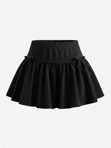 SHEIN 青少年女孩純色彈性腰頭蝴蝶結裝飾泡泡裙褲 - 黑色 - 查看 3