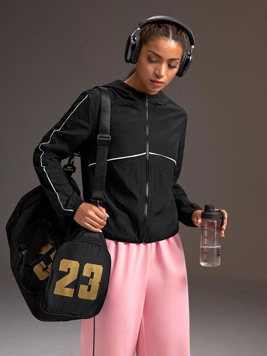 Powerista Women's Versatile Striped Colorblock Zip-Up Hooded Sports Jacket Black And White Color Blocking Casual Sports Style, Sun Protection, Workout Causal - Black - View 1