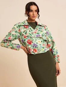 LOTSLUV Women's Mint Green Cropped Drop Shoulder Jacket, Allover Floral Print, Lapel Collar, Zip Front, Western 70's Elegant Autumn Daytime Night Out Party - Multicolor - View 4