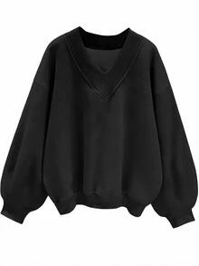SHEIN EZwear 純色落肩V領運動衫 - 黑色 - 查看 1