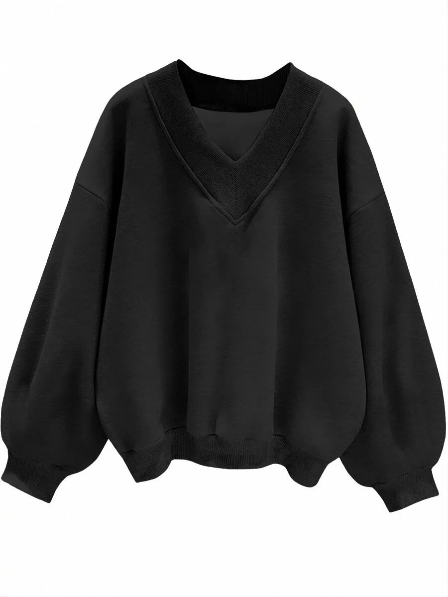 SHEIN EZwear 純色落肩V領運動衫 - 黑色 - 查看 1