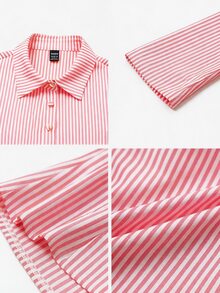 SHEIN 條紋印花前開扣襯衫 - 西瓜粉 - 查看 3