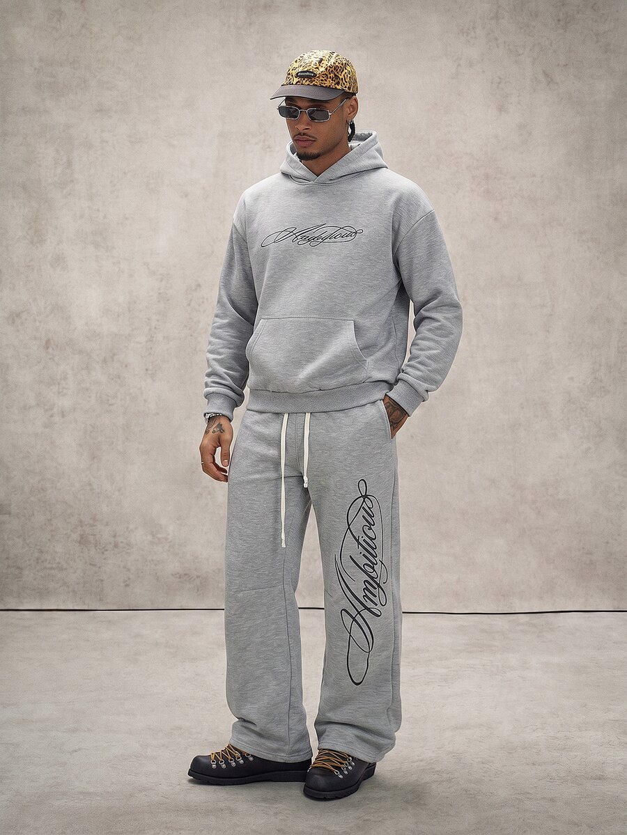 PAVTROS Men Embroidery Letter Pattern Hoodie & Drawstring Waist Sweatpants Set - Grey - View 1