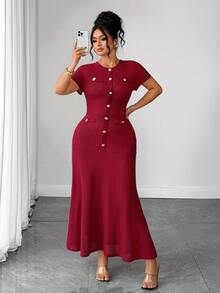 Elenzga Gaun Plus Size Polos dengan Kancing Depan dan Hem Model Duyung, Cocok untuk Sehari-hari, Kantor, Makan Malam, Perjalanan, Warna Burgundy, Musim Gugur, Elegan - Burgundy - View 4