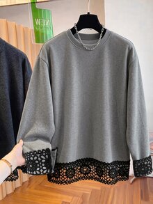 GlowEve CURVE Plus Contrast Lace Drop Shoulder Sweatshirt - Grey - View 3