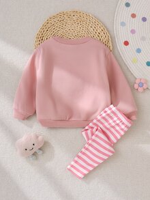 SHEIN 女嬰卡通與標語圖案運動衫與條紋長褲套裝 - 彩色 - 查看 7