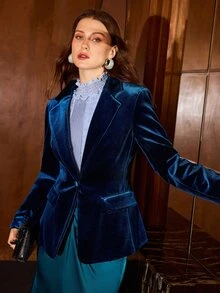 MOTF PREMIUM WOMEN'S AUTUMN/WINTER SLIM FIT ELEGANT VELVET BLAZER - Blue - View 5