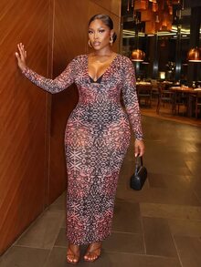 Slaydiva Plus Allover Print Bodycon Dress Fall - Multicolor - View 5