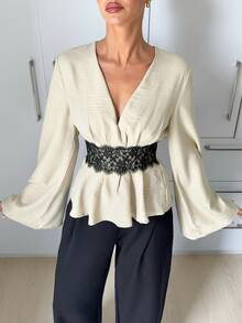 Siren Gaze Lantern Sleeve Peplum Blouse - Apricot - View 1