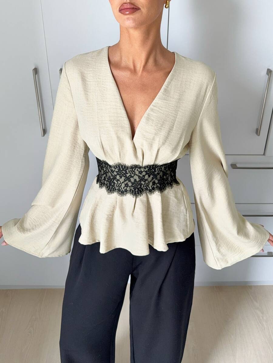 Siren Gaze Lantern Sleeve Peplum Blouse - Apricot - View 1