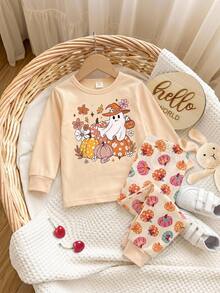 SHEIN Baby Girl Halloween Cartoon Graphic Pajamas Set - Pink - View 5