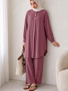Solavon Solid Button Front Longline Blouse & Pants - Dusty Pink - View 3