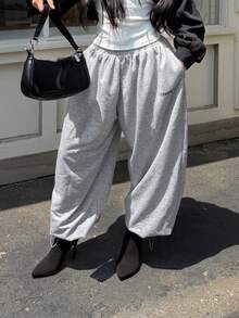 DAZY Letter Graphic Drawstring Hem Sweatpants Summer Gym Black Casual Athleisure - Grey - View 4