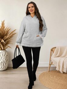EMERY ROSE Plus Size Women's Contrast Lace Cuff Loose Casual Hooded Sweatshirt - Grey - View 4