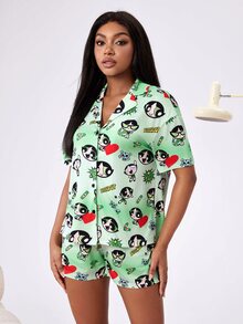 THE POWERPUFF GIRLS X SHEIN Women's Cartoon Print Pajama Set - Green - View 4