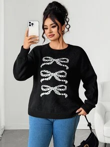 Elenzga Plus Bow Pattern Drop Shoulder Sweater - Hitam dan Putih - View 1