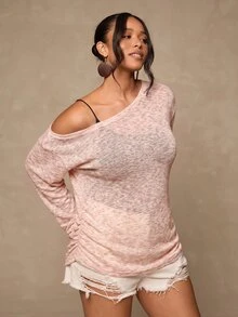Freevana Plus Asymmetrical Neck Drop Shoulder Tee Without Bra - Multicolor - View 3