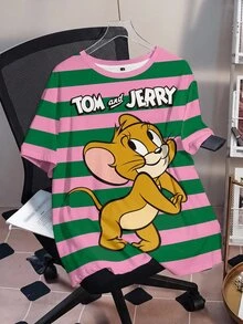 TOM & JERRY X SHEIN Plus Size Contrast Striped & Cartoon Letter Graphic Tee - White - View 1