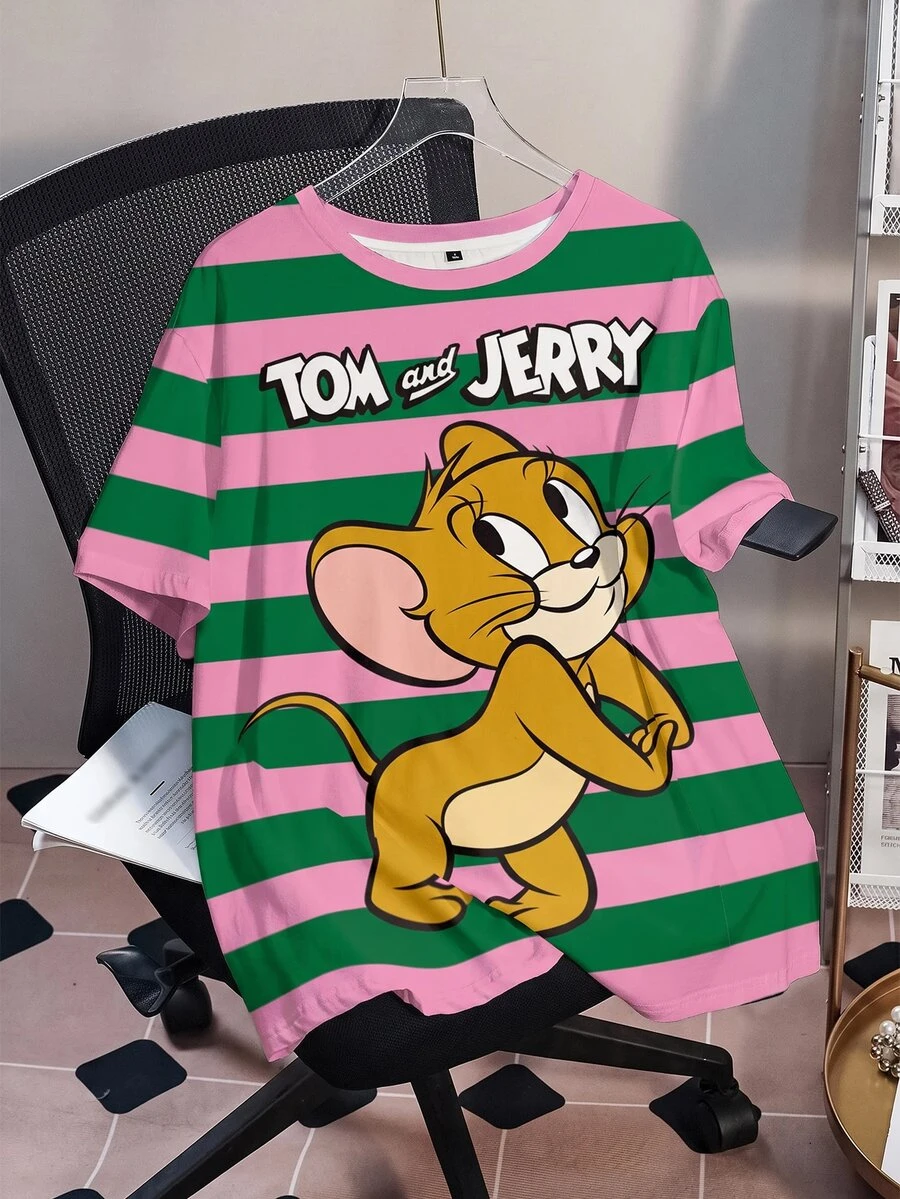 TOM & JERRY X SHEIN Plus Size Contrast Striped & Cartoon Letter Graphic Tee - White - View 1