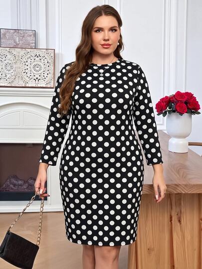 Miaspire Plus Size Women Autumn/Winter Casual Elegant Polka Dot Print Slim Fit Party Black Dress,Festival,Fall,Going Out,Office Wear,Formal,Business