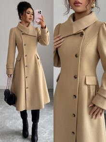 Elenzga 1pc Solid Foldover Collar Button Front Overcoat - Khaki - View 1