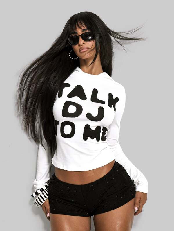MUSERA ملابس علوية علوية بيضاء مطاطية بطبعة جرافيك "Talk DJ To Me" بغطاء رأس وأكمام طويلة، للصيف والخريف والشتاء، للمهرجانات والعطلات والإجازات والخروجات، Pantha