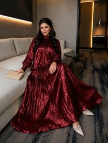 SHEIN Lady Plus Size Elegant Party Top & Skirt 2 Pieces Set - Burgundy - View 3