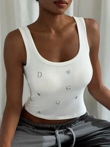 Livesso Camiseta de tirantes corta para dormir con estampado de corazón y letra, estilo cojín en el pecho - Blanco - Ver 6
