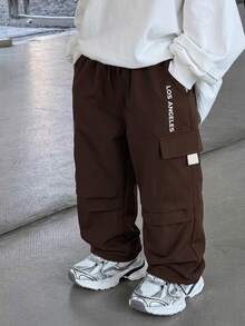 Young Boy Graphic Flap Pocket Side Drawstring Waist Cargo Pants - Brown - View 1