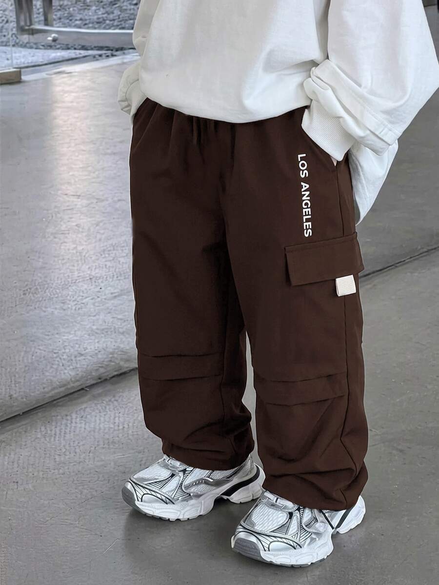 Young Boy Graphic Flap Pocket Side Drawstring Waist Cargo Pants - Brown - View 1