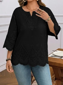 SHEIN LUNE 大碼鏤空刺繡缺口領波浪邊飾襯衫 - 黑色 - 查看 3