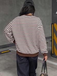 SHEIN EZwear 條紋印花落肩衛衣 - 彩色 - 查看 4