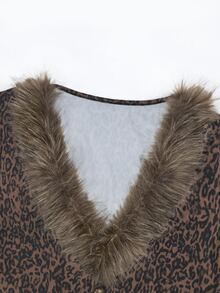 LUMIGAL Leopard Print Fuzzy Trim Button Front Top - Brown - View 8