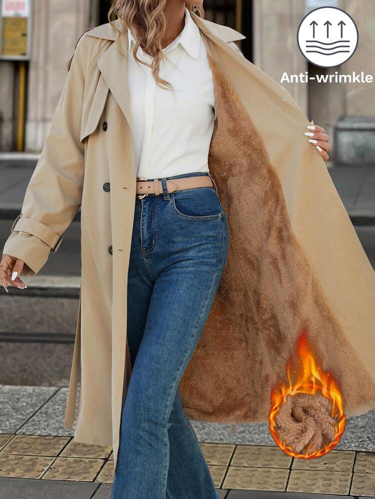 SHEIN Clasi Wrinkle-Resistant Fabric Thermal Lined Trench Coat, Suitable For Autumn/Winter, Warm And Comfortable - Khaki - View 3