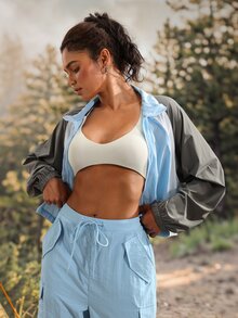 Exploreva Women's Colorblock Zipper Casual Versatile Daily Outdoor Jacket - Baby Blue - View 3