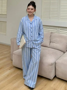 Dazy Plus 條紋拼接配色寬鬆短袖上衣與長褲家居服套裝，粉紅色，春夏秋季，大尺碼女款睡衣套裝 - 藍色 - 查看 5