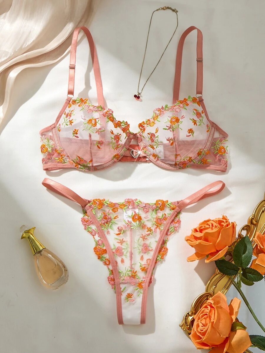 SHEIN 女款 2 件組愛心水鑽裝飾刺繡內衣套裝 - 彩色 - 查看 1