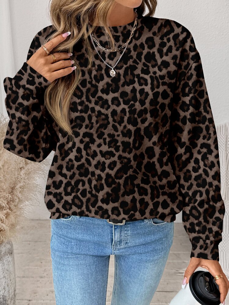 SHEIN LUNE كنزة رياضية بطبعة نمر وأكتاف منسدلة - أبيض - مشاهدة 3