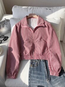 SHEIN 青少年女孩格紋印花落肩夾克 - 紅色 - 查看 4