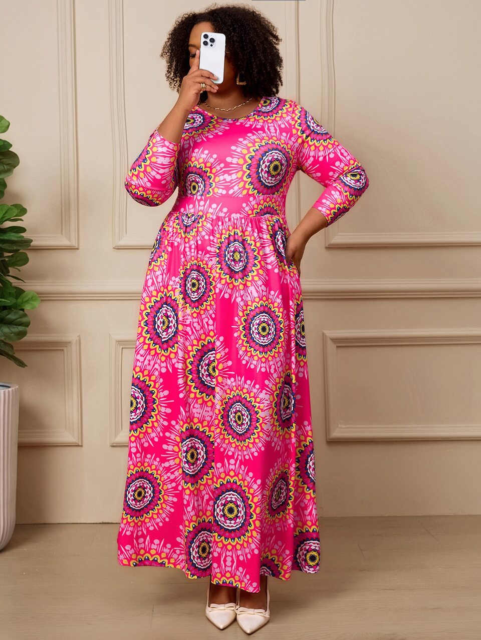 Plus Size Women Autumn/Winter Casual Boho Traditional Vacation Elegant Country Floral Print Fuchsia Pink Long Dresses, Party Formal Wedding Guest
