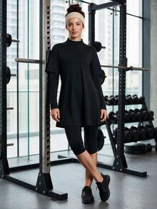 SHEIN With My Calm Mock Neck Sports Tee & Leggings - Black - View 5
