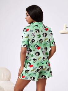 THE POWERPUFF GIRLS X SHEIN Women's Cartoon Print Pajama Set - Green - View 2