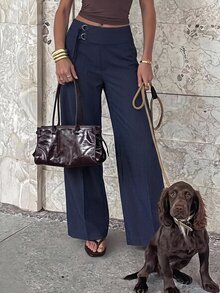 Lavishia Blue Striped Low Waist Straight Leg Suit Pants With Pockets, Suitable For Commuting - Royal Blue - View 1