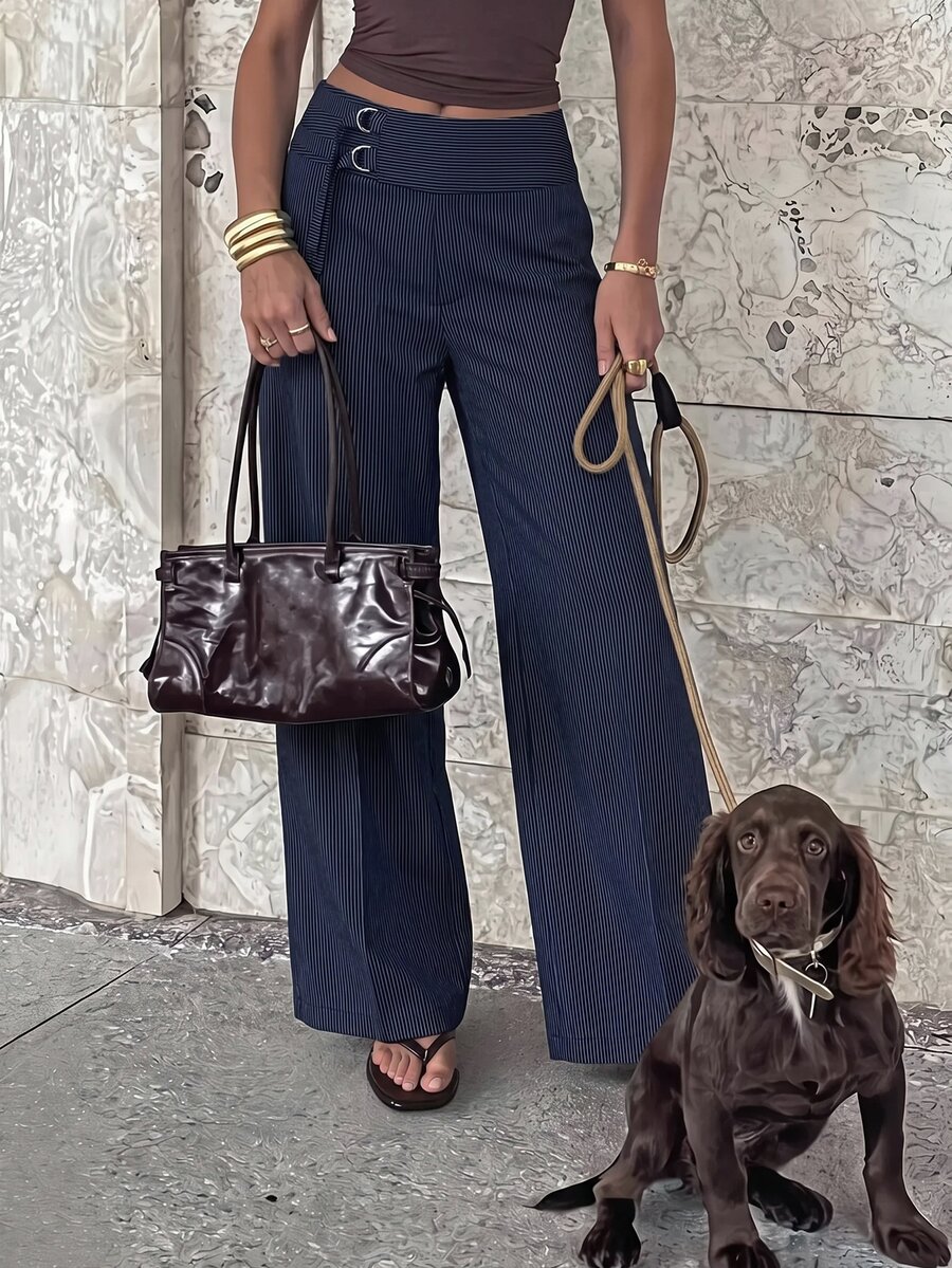 Lavishia Blue Striped Low Waist Straight Leg Suit Pants With Pockets, Suitable For Commuting - Royal Blue - View 1