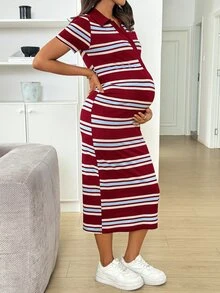 MaterniWear Maternity Striped Casual Daily Summer Travel Dress Black And Red - Red - View 7