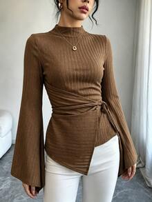 Elenzga Mock Neck Asymmetrical Hem Tee - Brown - View 7