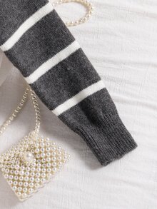 SHEIN 青少年女孩條紋與愛心圖案對比飾邊針織開襟衫 - 深灰色 - 查看 4
