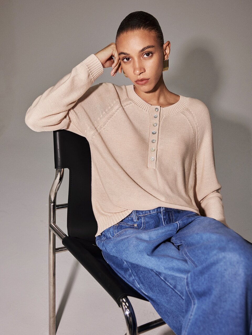Anewsta Essential Button Front Raglan Sleeve Sweater