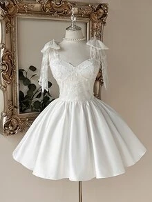 Lovelzi Contrast Lace Tie Shoulder Bridal Shower Dress - White - View 4