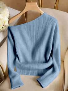 Franclia Solid Button Detail Asymmetrical Neck Tee - Blue - View 2